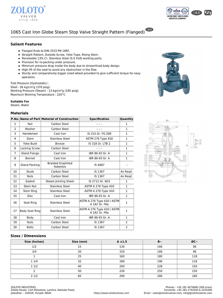 1065 Cast Iron Globe Steam Stop Valve Straight Pattern (Flanged) | PDF ...