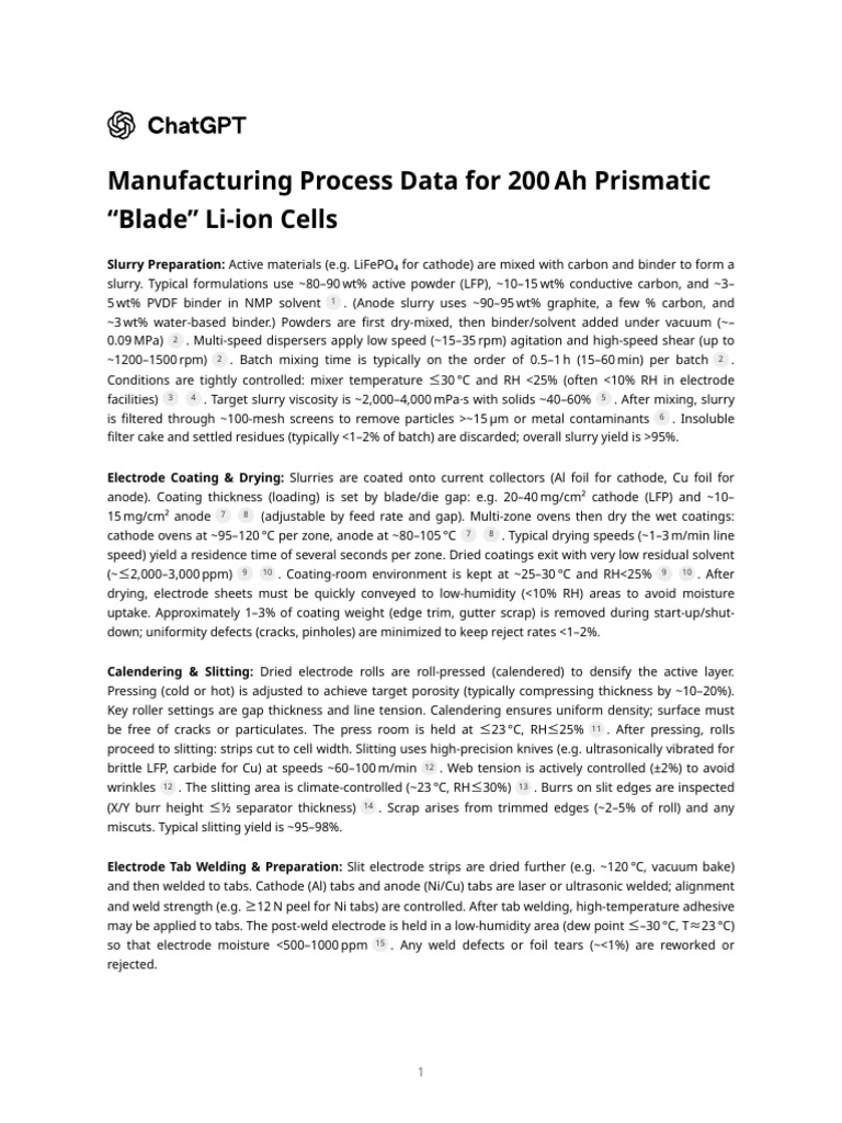 Manufacturing Process Data For 200 Ah Prismatic 