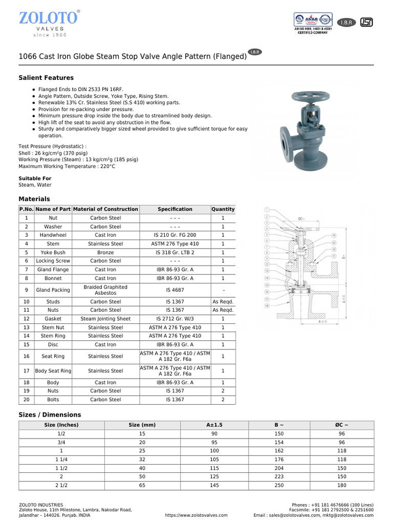 1066 Cast Iron Globe Steam Stop Valve Angle Pattern (Flanged) | PDF ...