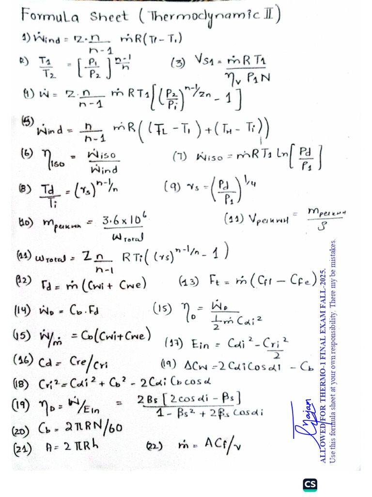 Thermo-2 Formula Sheet | PDF