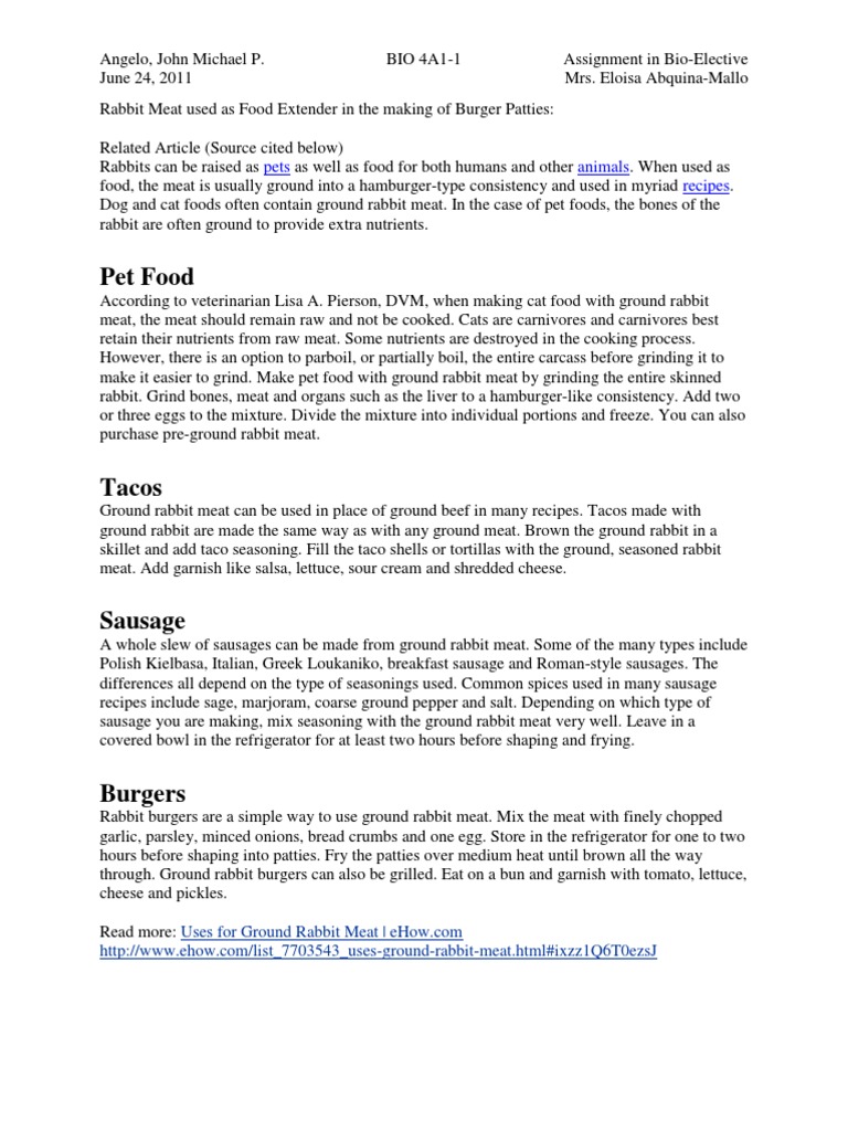 Rabbit Meat Used As Food Extender in The Making of Burger Patties PDF Sausage Taco