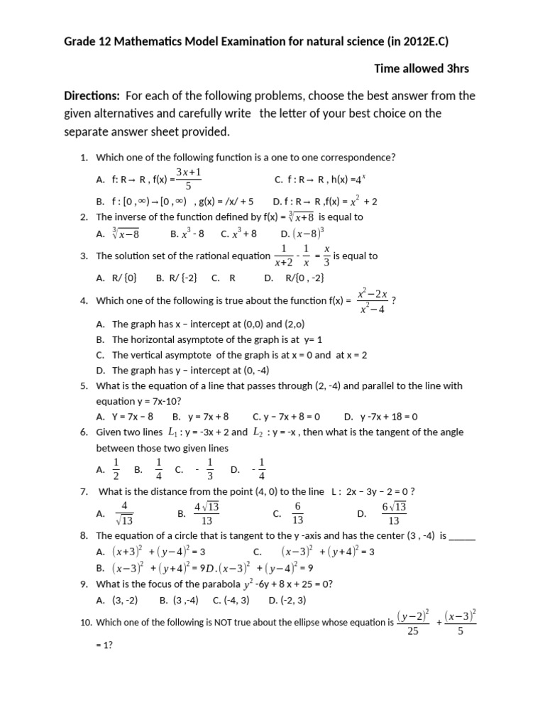 2012 Mathematics Model Exam For Natural 2012 | PDF | Mathematical ...