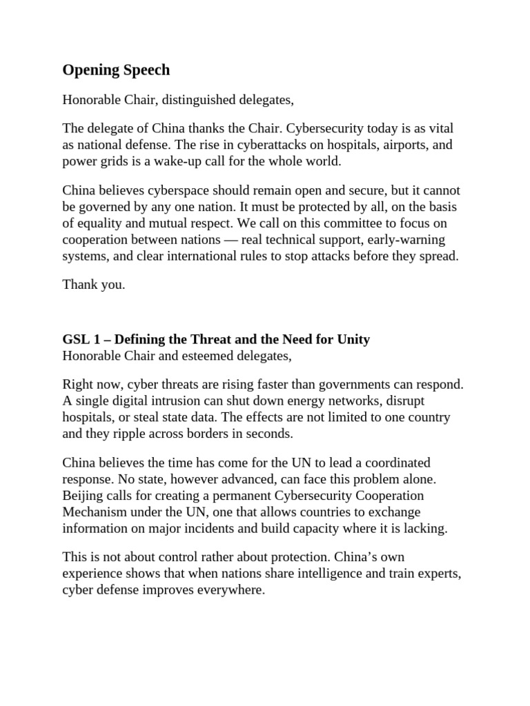 Opening Speech FOR CHINA IN MUN | PDF | Security | Computer Security
