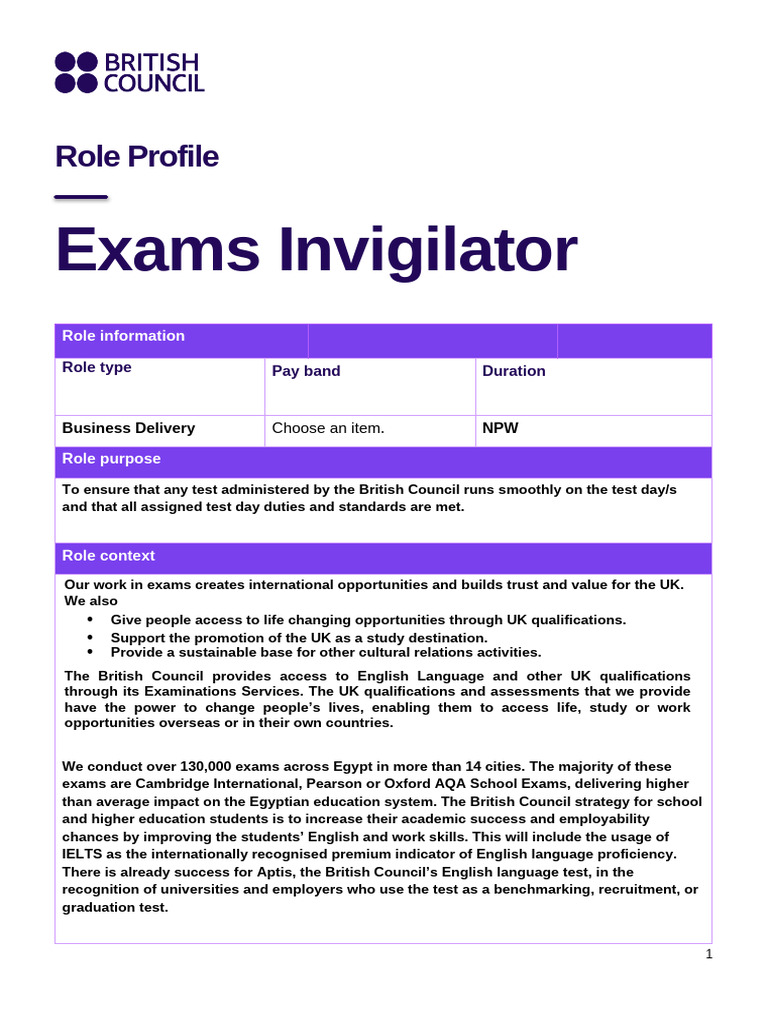 Exams Invigilator - Role Profile 0 | PDF | International English ...