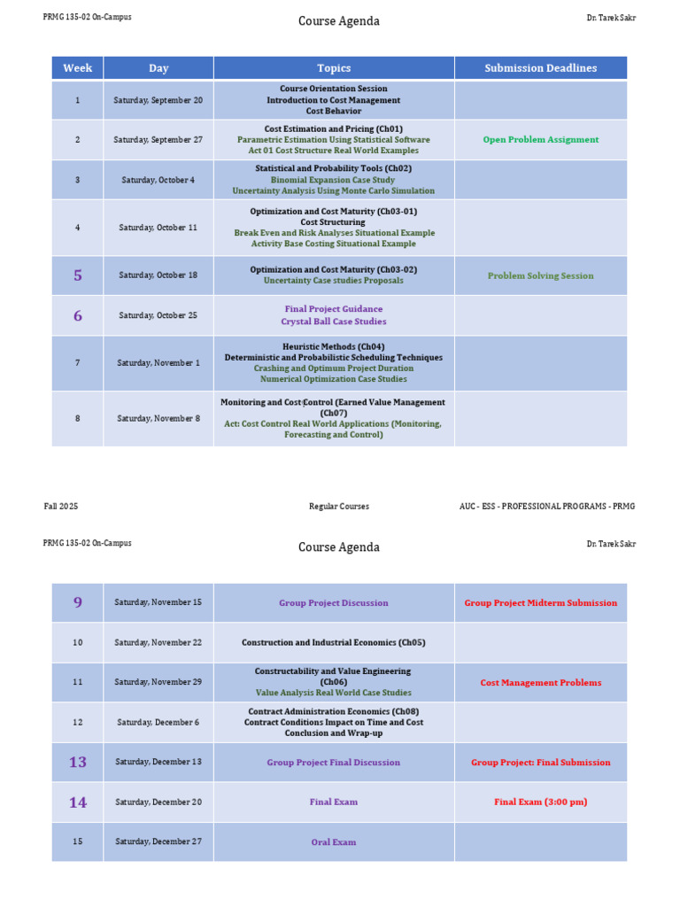 PRMG 135-02 On-Campus Agenda Fall 2025 | PDF | Mathematical ...