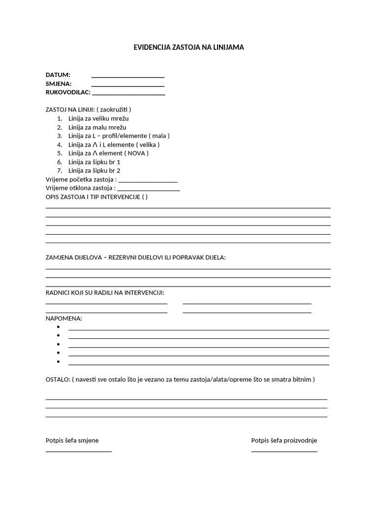 Evidencija Zastoja Na Linijama | PDF