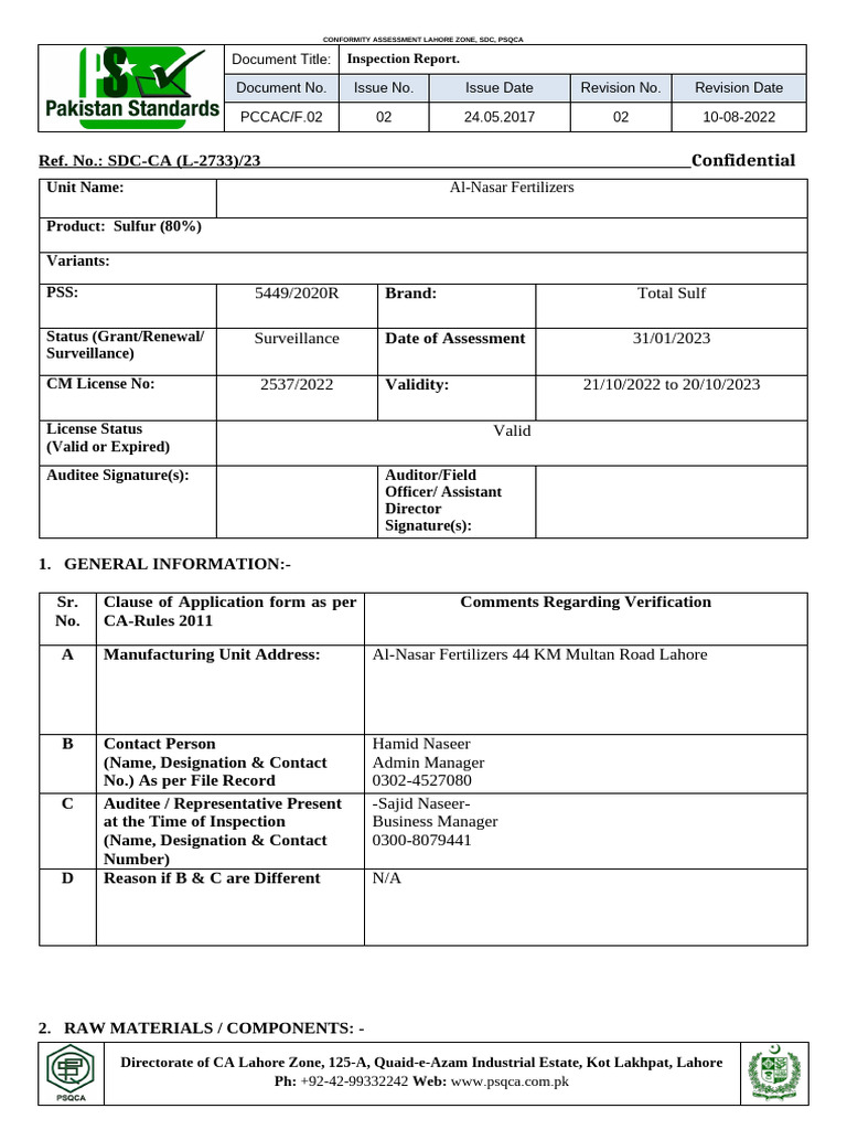 Inspection Report - AQUA SAFE | PDF | Audit