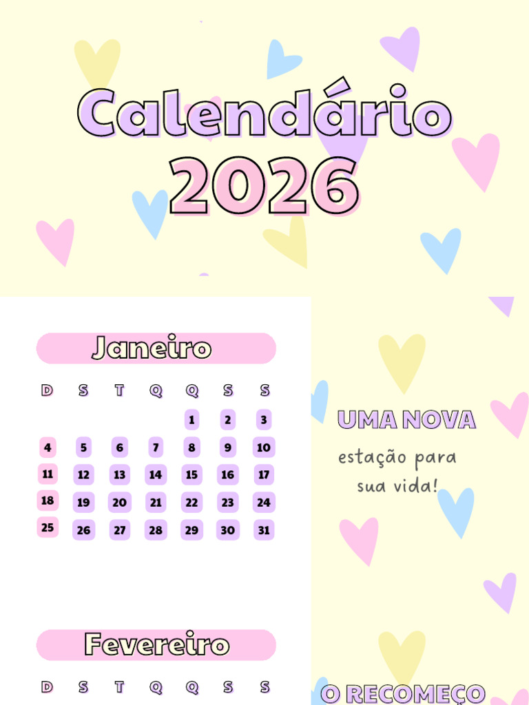 Calendário 2026 para Imprimir Colorido Lilás Rosa Amarelo Pastel | PDF