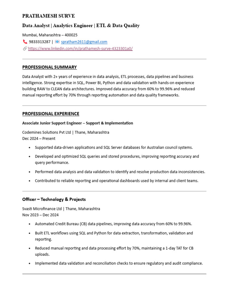 Prathamesh Surve Data Analyst Resume | PDF | Sql | Microsoft Sql Server