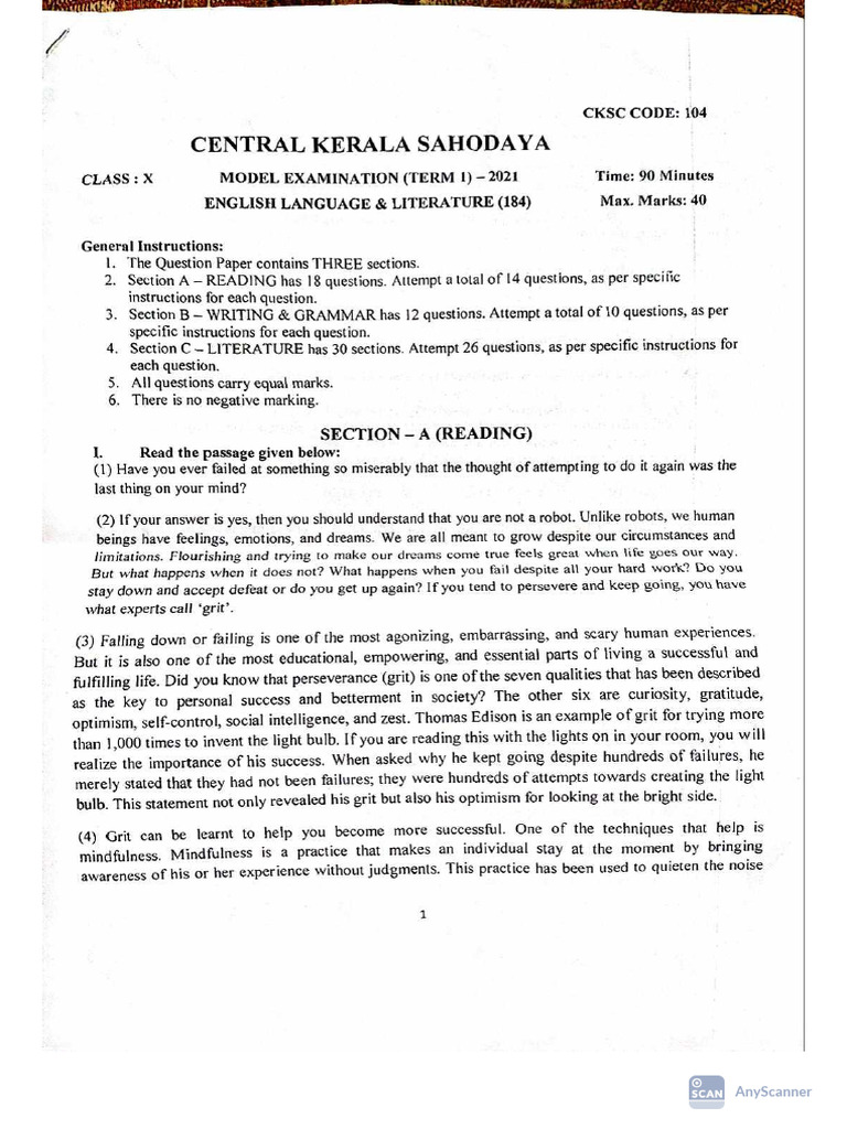 English Central Sahodaya Model Exam | PDF