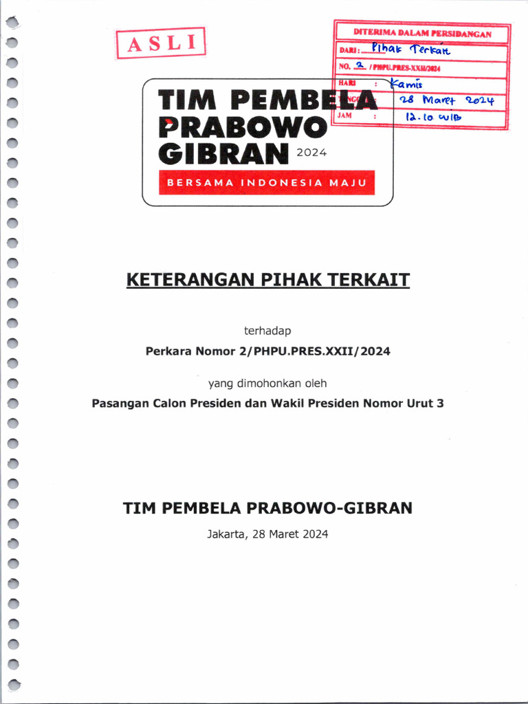 Permohonan PHPU Paslon 03 - Keterangan Pihak Terkait | PDF