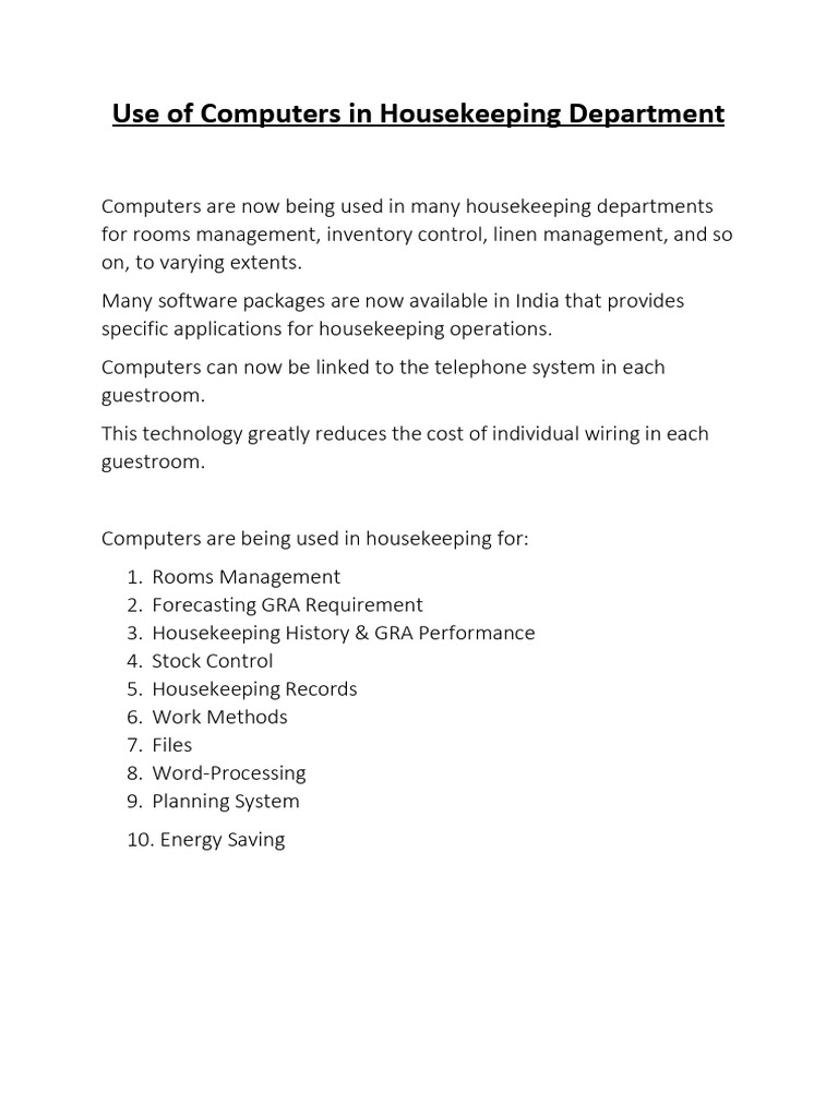 Use of Computers in House Keeping Depnt | PDF | Wi Fi | Housekeeping