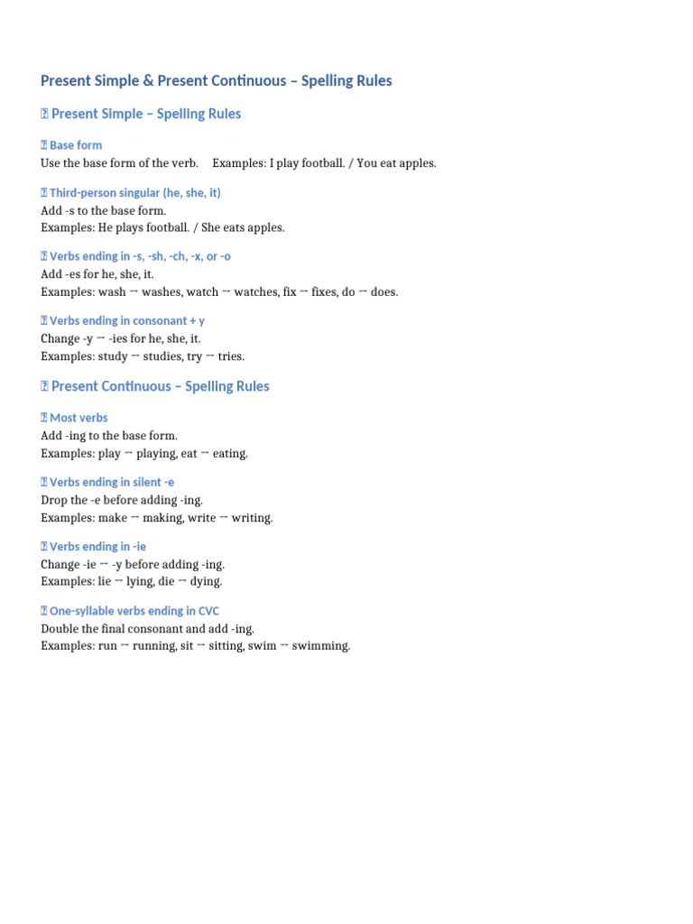 Present Simple and Continuous Spelling Rules 2ESO | PDF