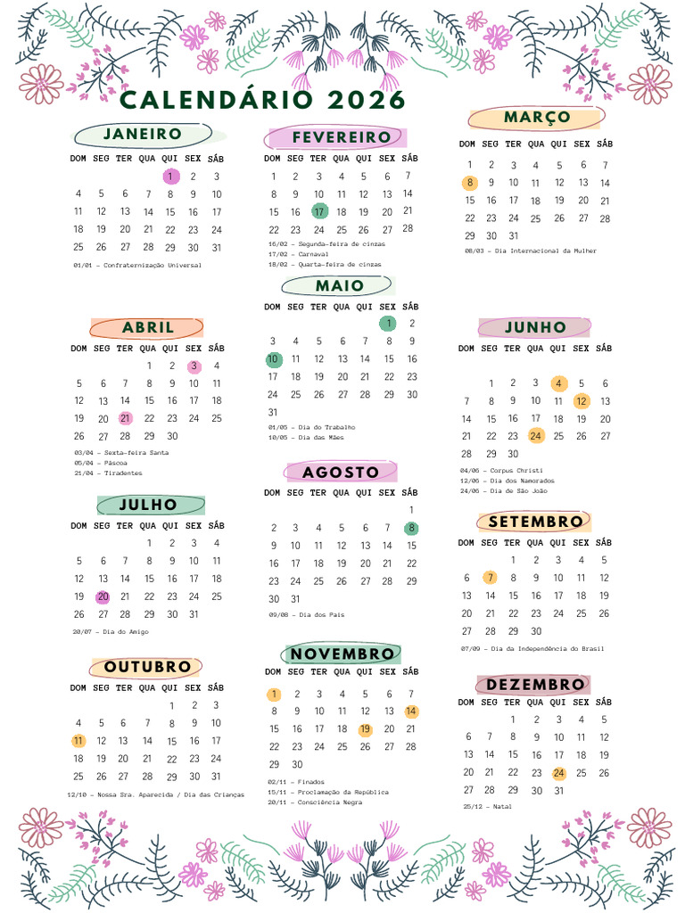 Calendário Anual A4 2026 Florido | PDF