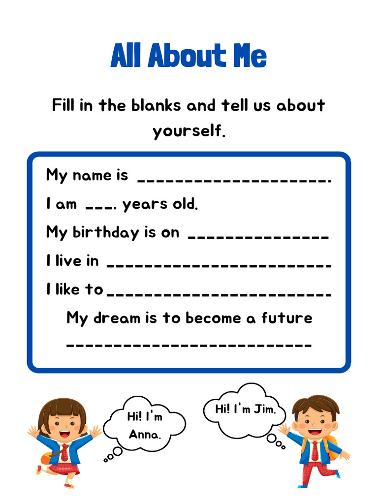 Introduce Yourself Blue Simple Worksheet Printable | PDF