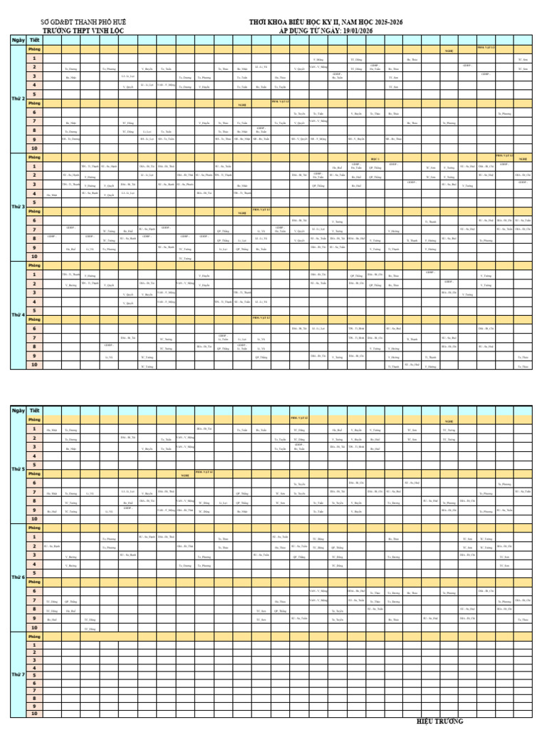 TKB 2 Buoi - Hoc Ki 2 - Ap Dung Tu Ngay 19 01 2026 | PDF