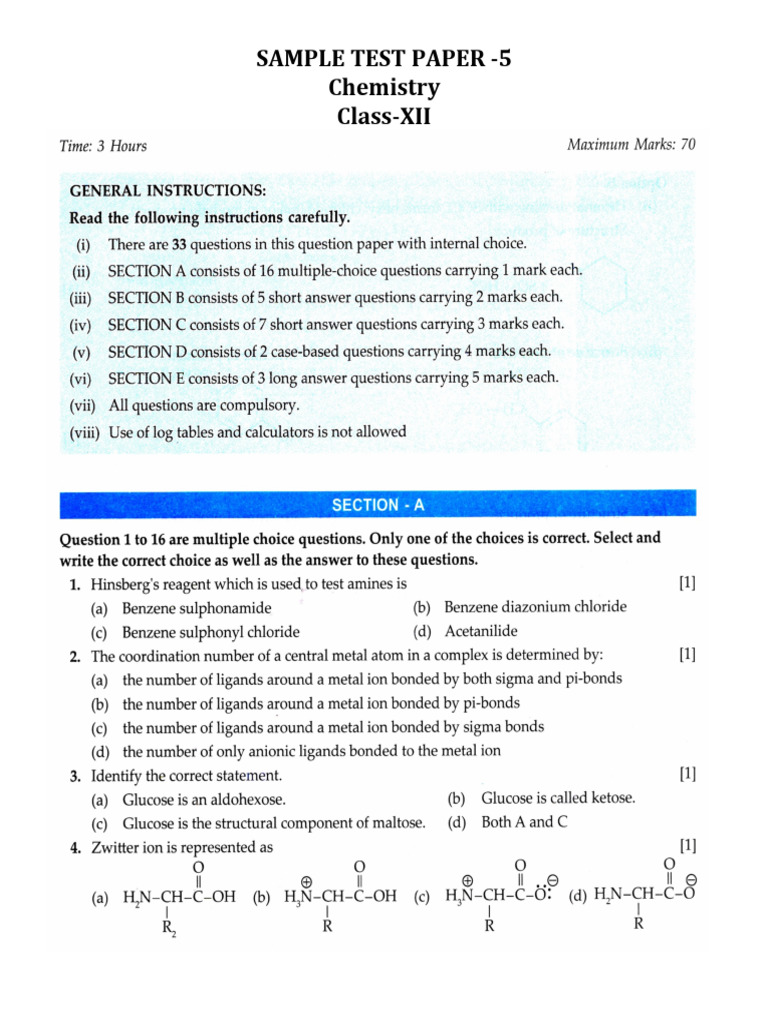Chemistry Sample Paper - 5 | PDF