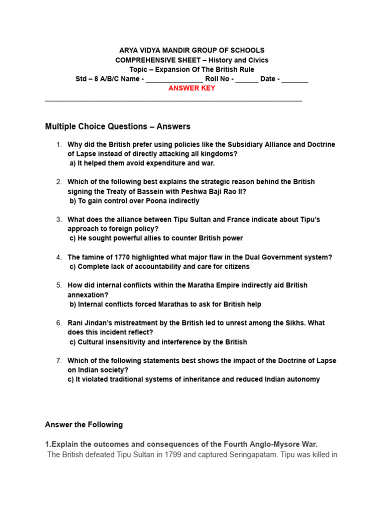 2025 ANSWER KEY - Expansion of The British Rule - Worksheet Grade 8 ...