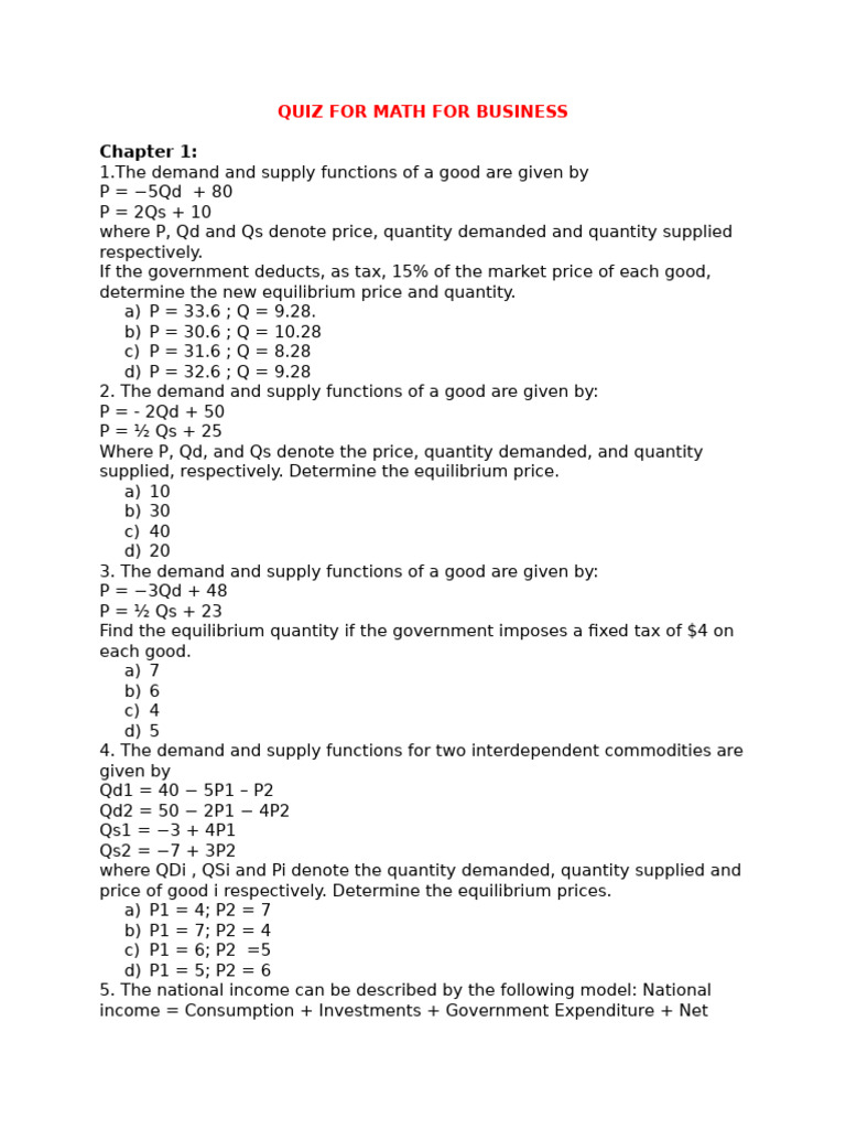 Quiz For Math For Business | PDF | Demand | Interest