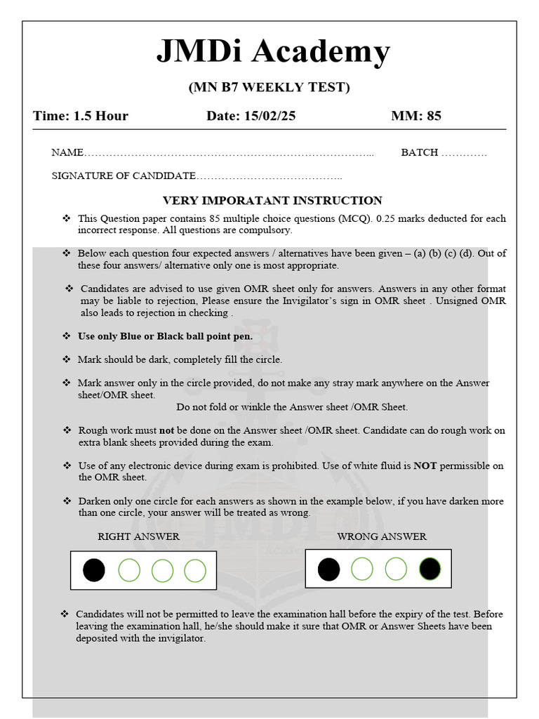 MN Weekly Test BATCH7 (15!2!25) | PDF | Multiple Choice | Physical ...