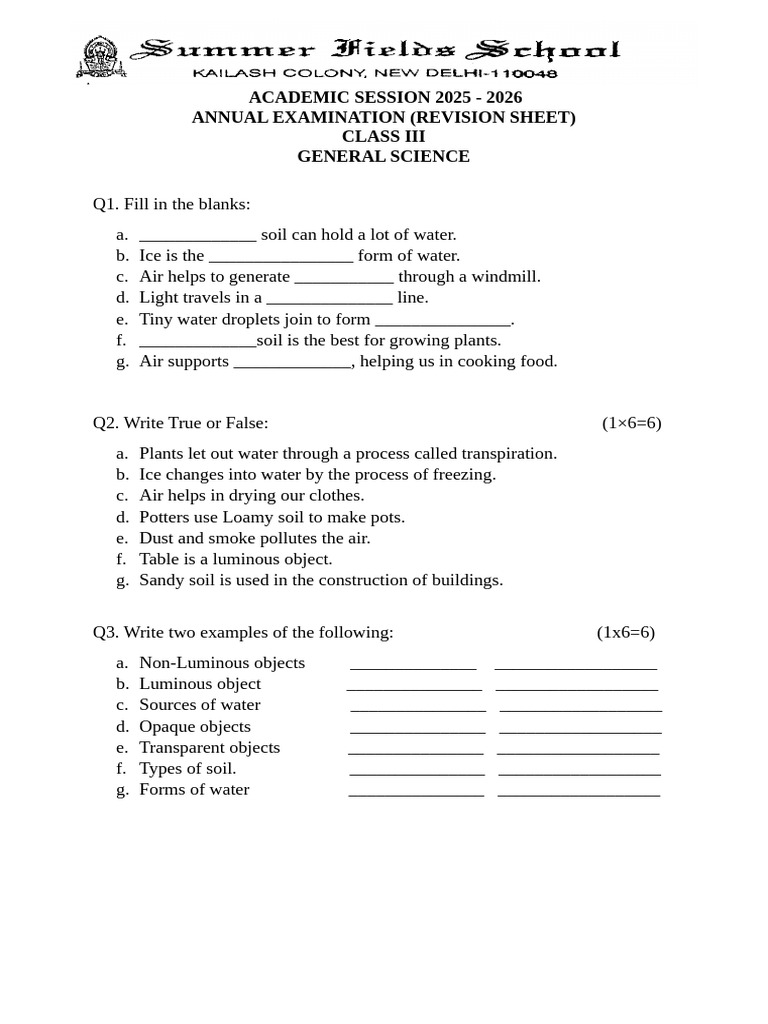 Practice Sheet Class 3 Science | PDF | Water | Ice