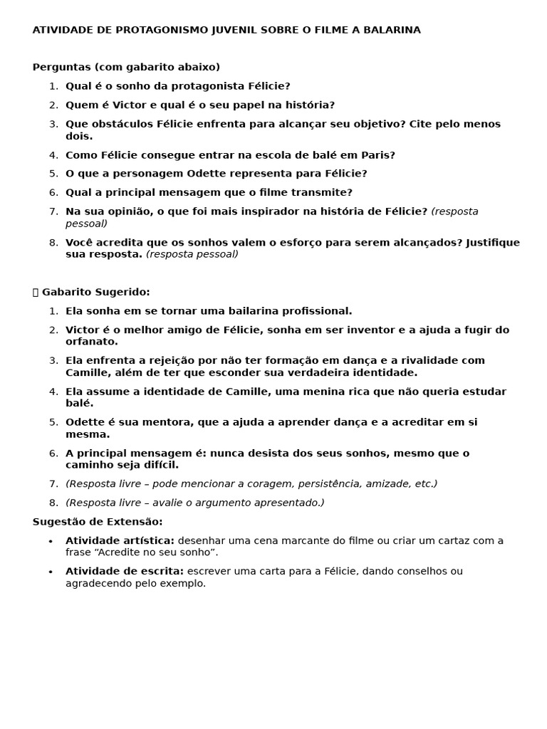 Atividade de Protagonismo Juvenil Sobre o Filme A Balarina | PDF
