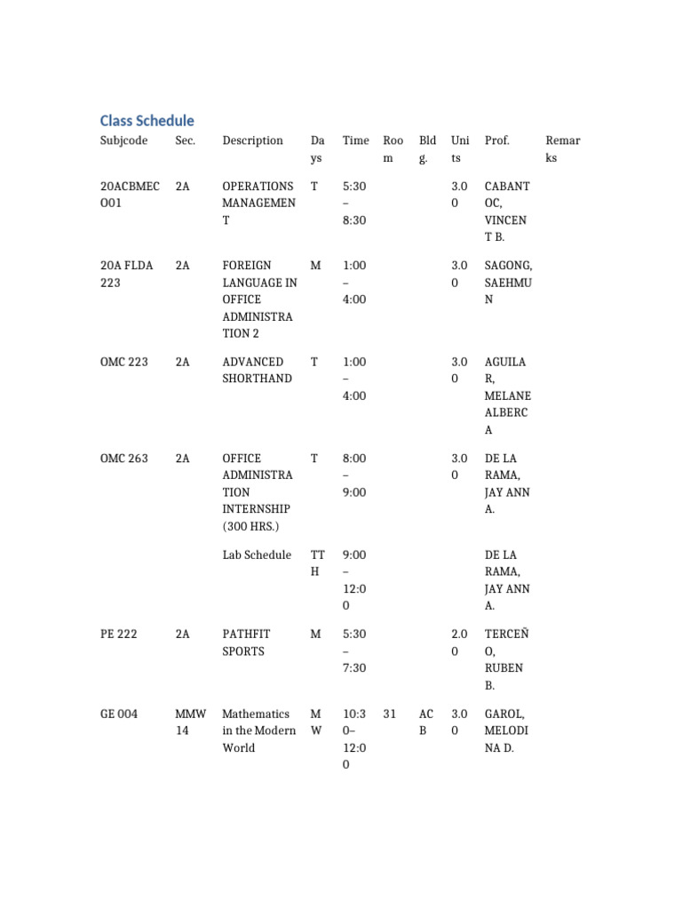 Class Schedule Editable | PDF