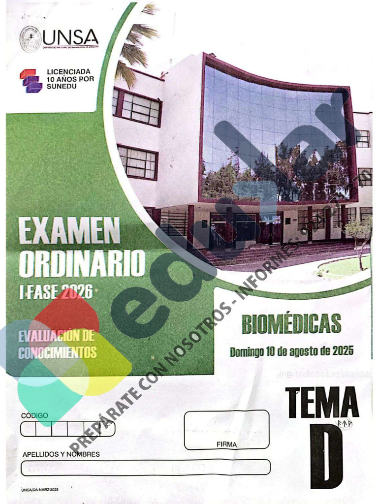 2026 Examen Ordinario UNSA Biomédicas I Fase | PDF