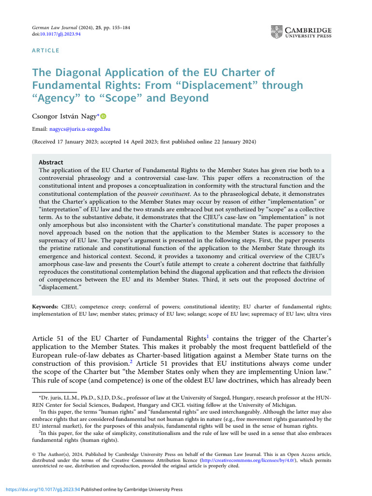 The Diagonal Application of The Eu Charter of Fundamental Rights From ...