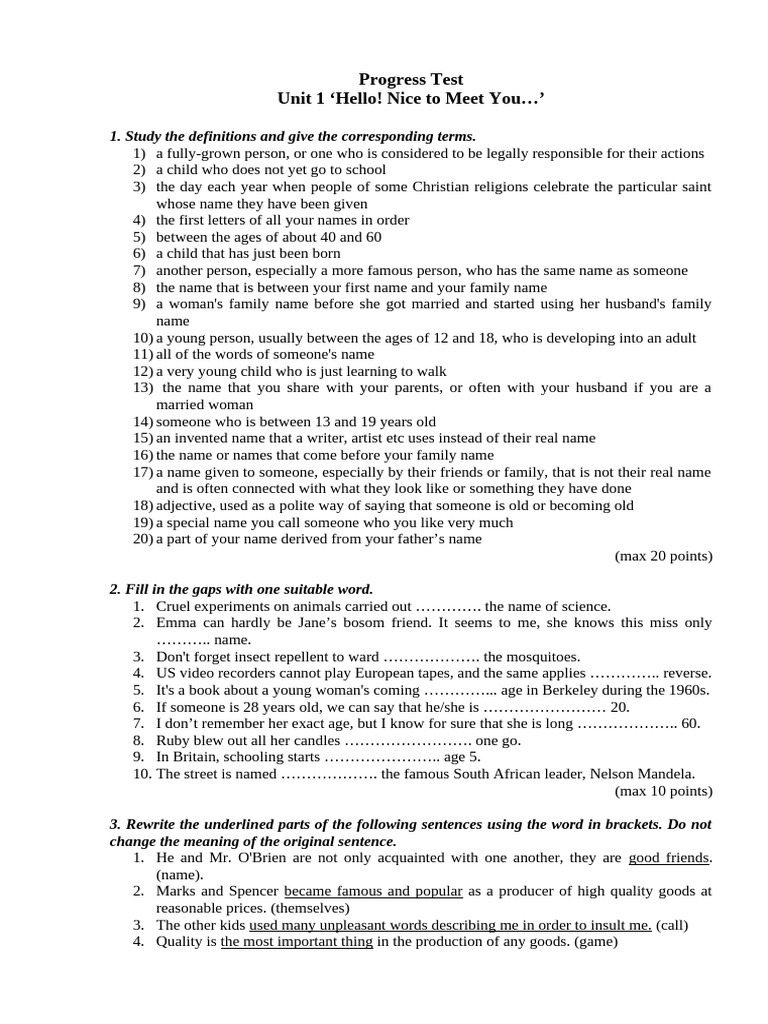 Progress Test Unit 1 | PDF