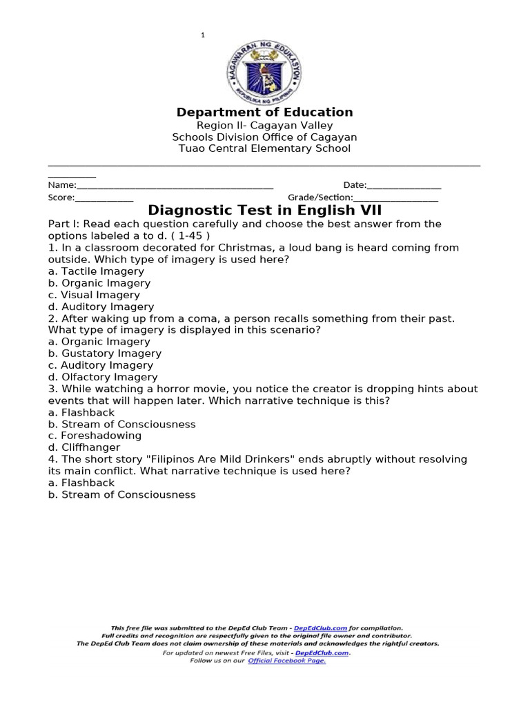 Grade 7 - English Diagnostic Test | PDF | Poetry | Metre (Poetry)