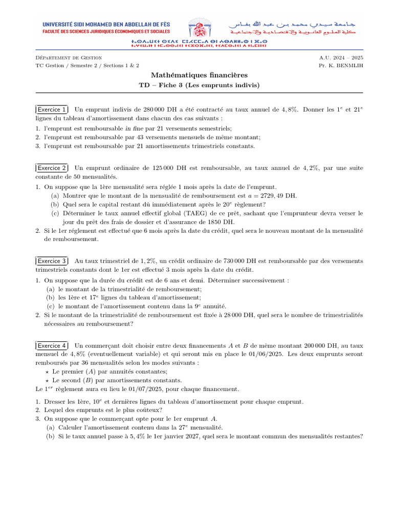 TD3 S2 Maths Fin TC Gestion 2024-25 | PDF | Prêts | Crédit