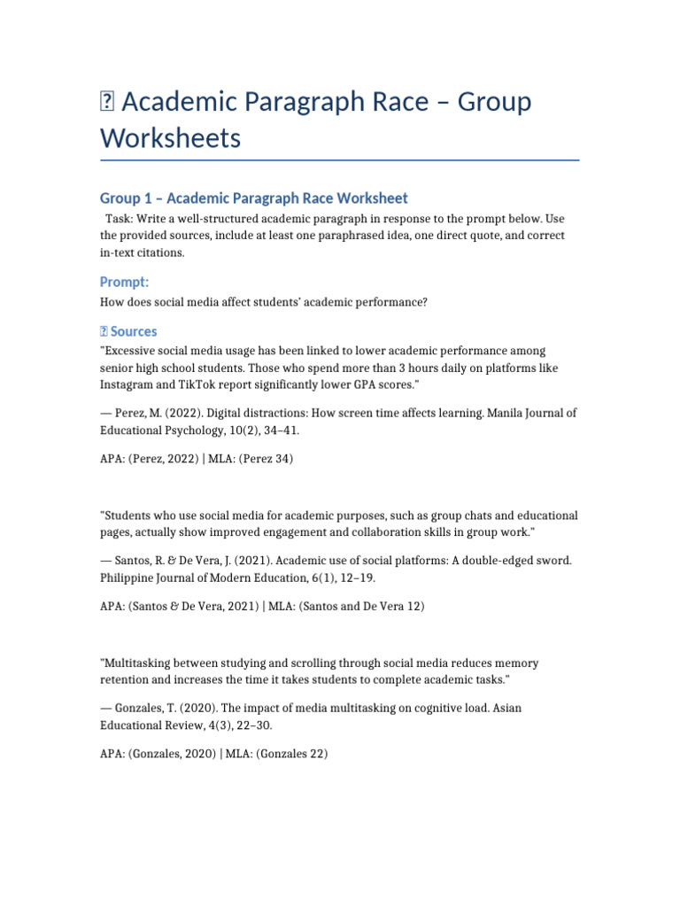 Academic Paragraph Race Worksheets | PDF | Citation | Educational ...