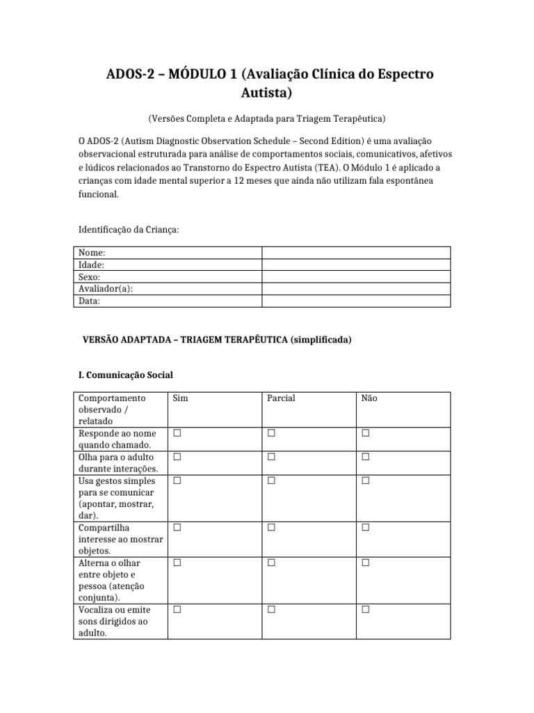 ADOS2 Modulo1 Checklist Clinico | PDF | Autismo | Conceitos psicológicos