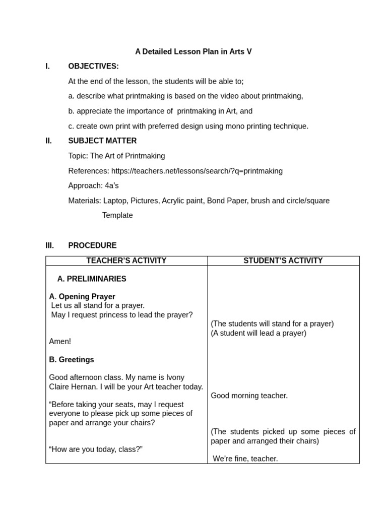 Arts - 5 Lesson Plan - Hernan | PDF | Printmaking | Printing