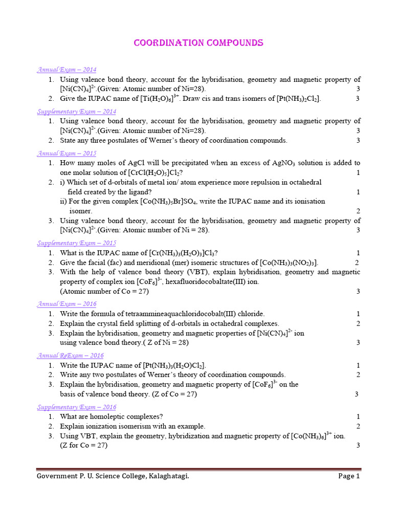 Coordination Compounds-1 | PDF | Coordination Complex | Valence (Chemistry)