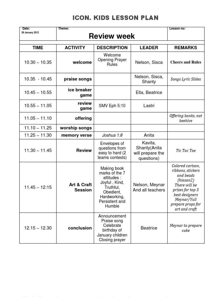 Kids Lesson Plan: Review Week Activities | PDF | Art