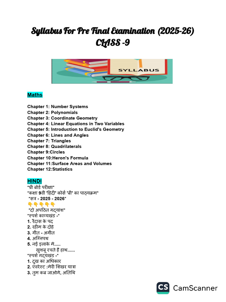 Syllabus For Pre Final Examination Class 9 (2025-26) - 1 | PDF | Word ...