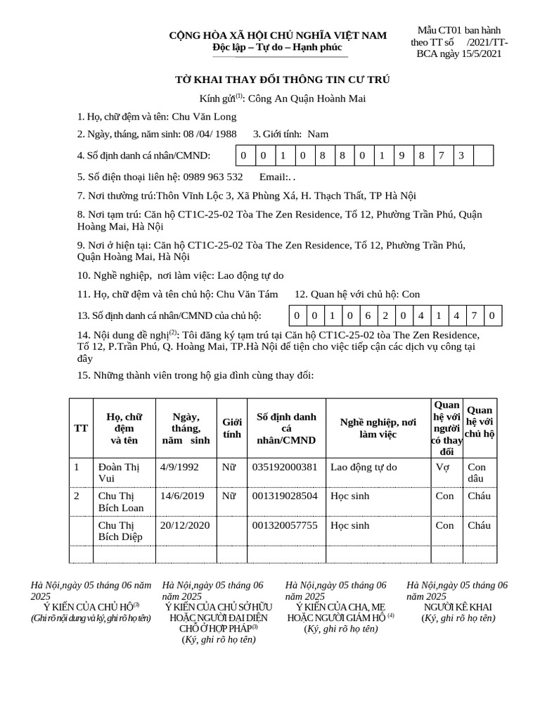 CT01 To Khai Thay Doi Thong Tin Cu Tru | PDF