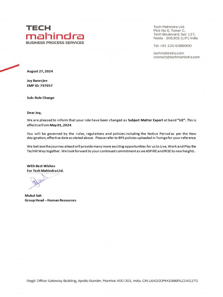 797057 Role Change Letter2024 | PDF