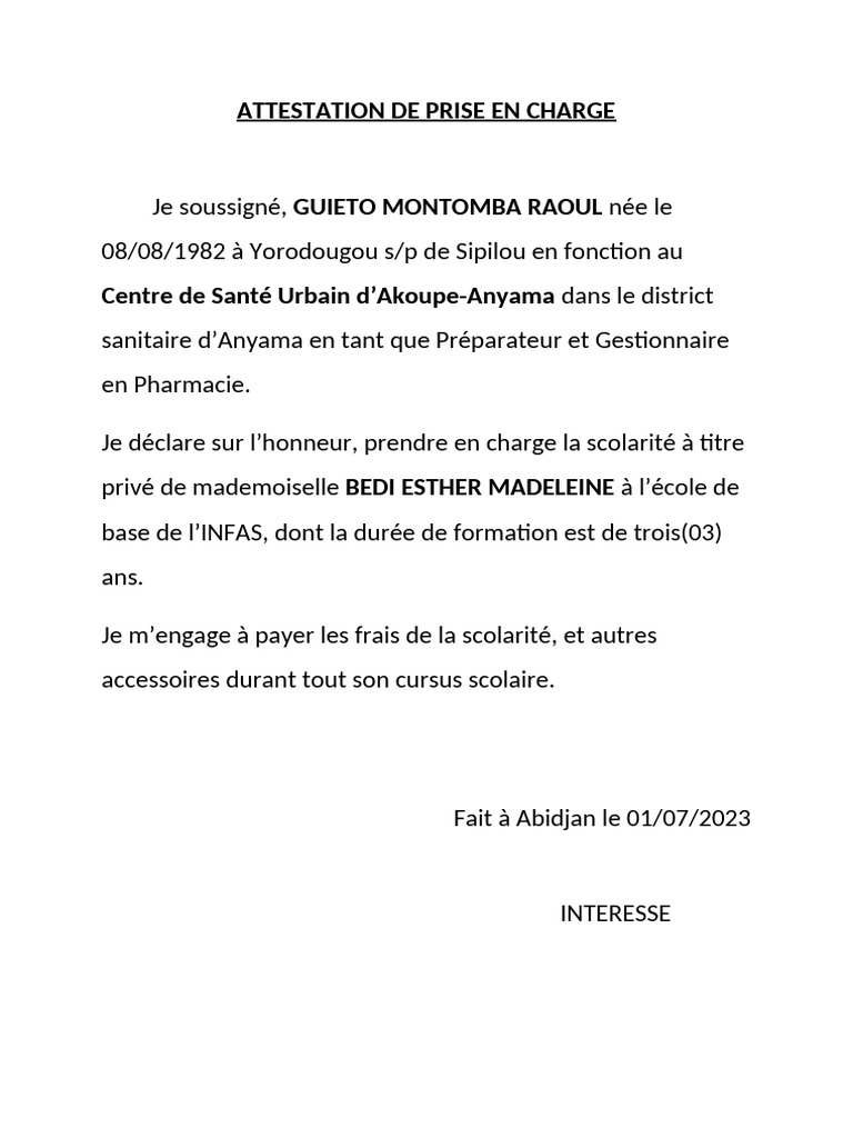 Attestation de Prise en Charge | PDF