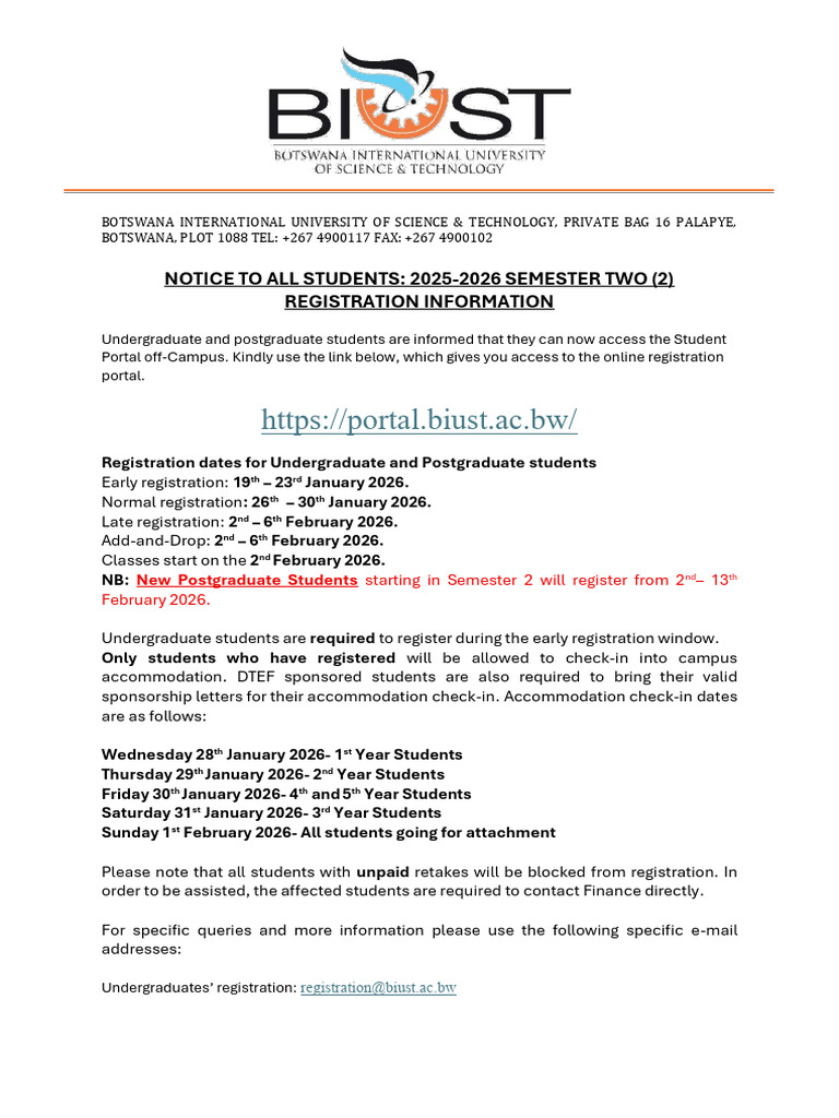 Student Notice - 2025 2026 Semester 2 Registration Information | PDF ...