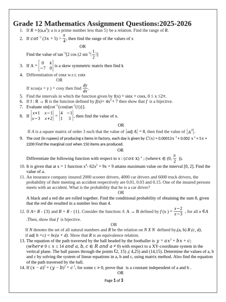 Grade 12 Maths (041) Assignment-2025-2026 | PDF | Function (Mathematics ...