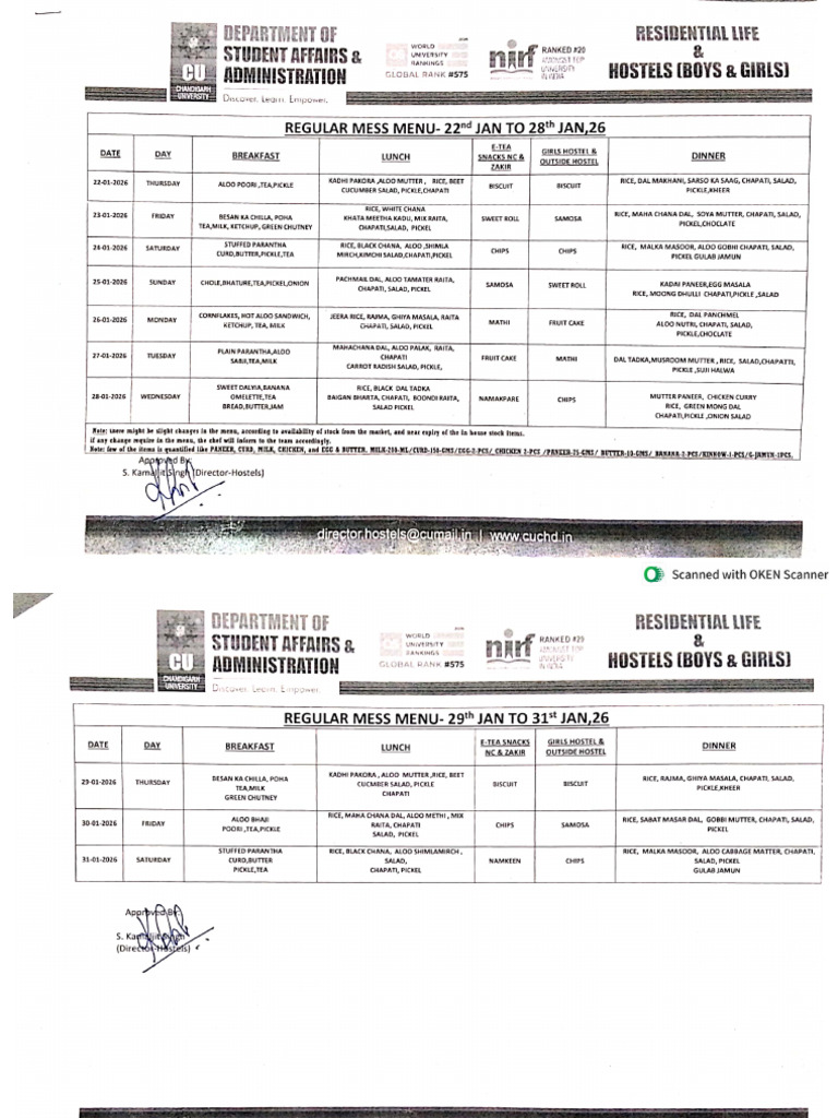 Approved Signed Hostel Mess Menu For 22nd-31st Jan 2026 | PDF