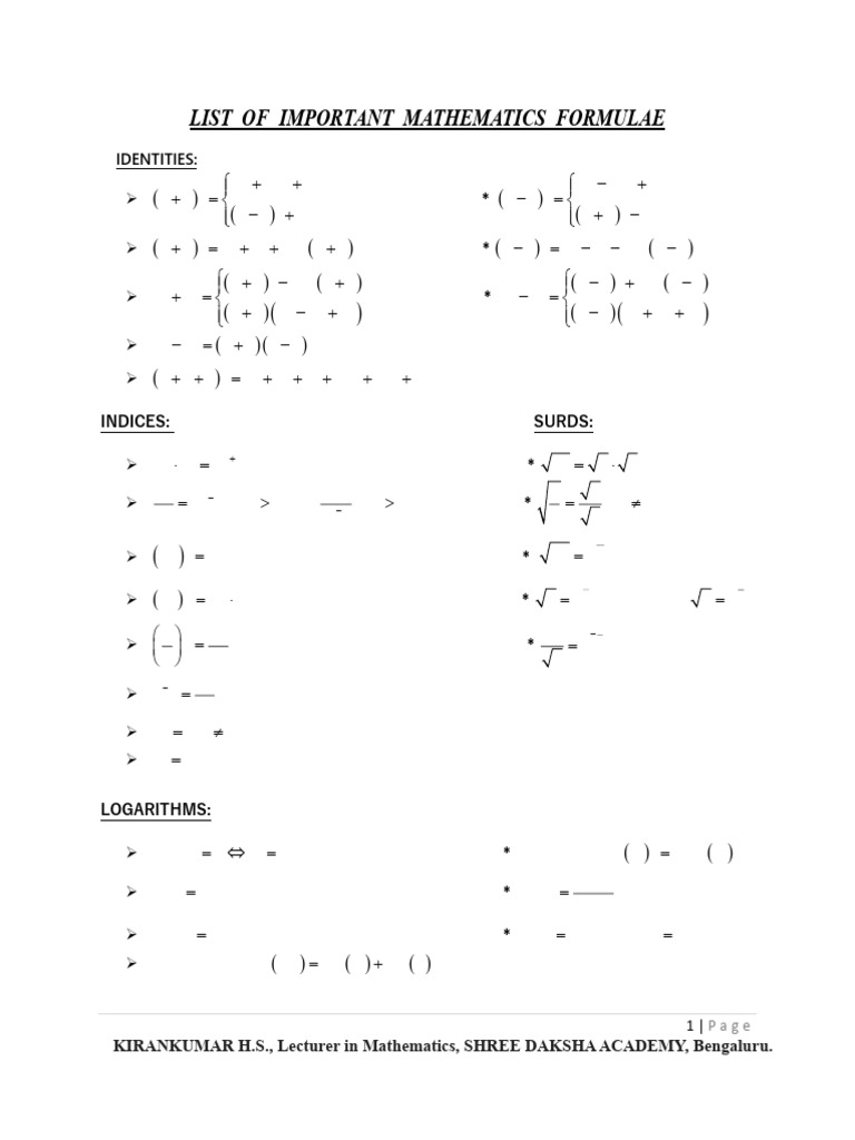 List of Important Mathematics Formulae | PDF | Trigonometric Functions ...