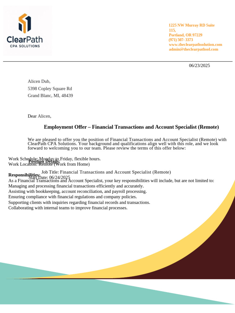 Alicen Offer Letter | PDF | Employment | Background Check