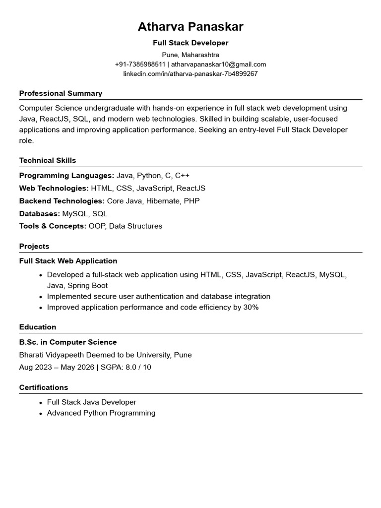 Atharva Panaskar - Full Stack Developer | PDF