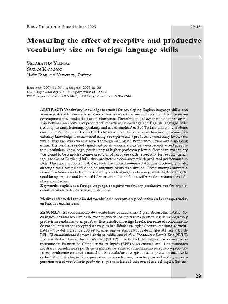 Measuring The Effect of Receptive and Productive Vocabulary Size On ...