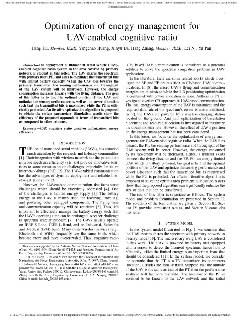 2021 Optimization of Energy Management For UAV Enabled Cognitive Radio ...