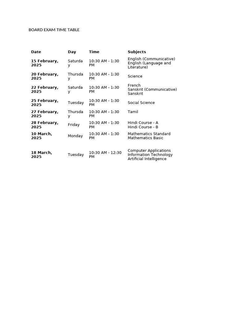Board Exam Time Table | PDF